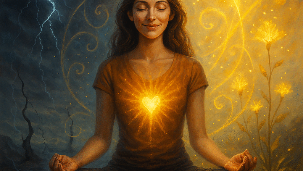 Świadoma kobieta w świetlistej przestrzeni podejmuje wybór między światłem a cieniem – symbol siły, jasności i rozwoju przez kontrast.